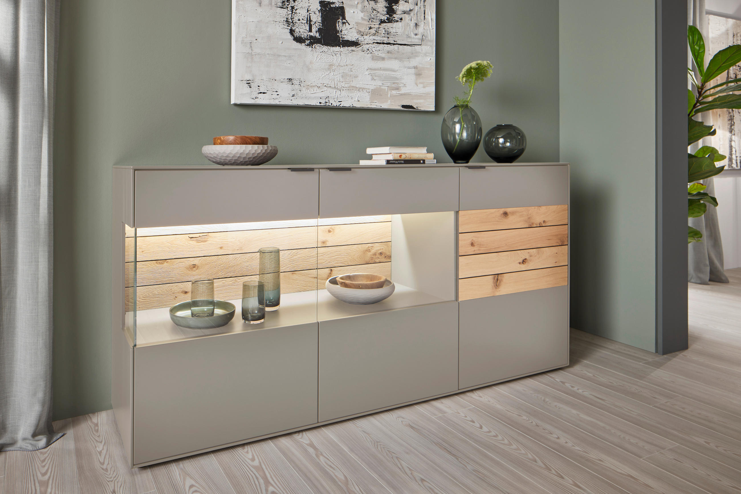 Thumbnail - Dieter Knoll Sideboard, Eiche, Hellgrau, Holzwerkstoff, Eiche, furniert, 3 Fächer, 181.9x87.9x45.2 cm, Typenauswahl, Bei...