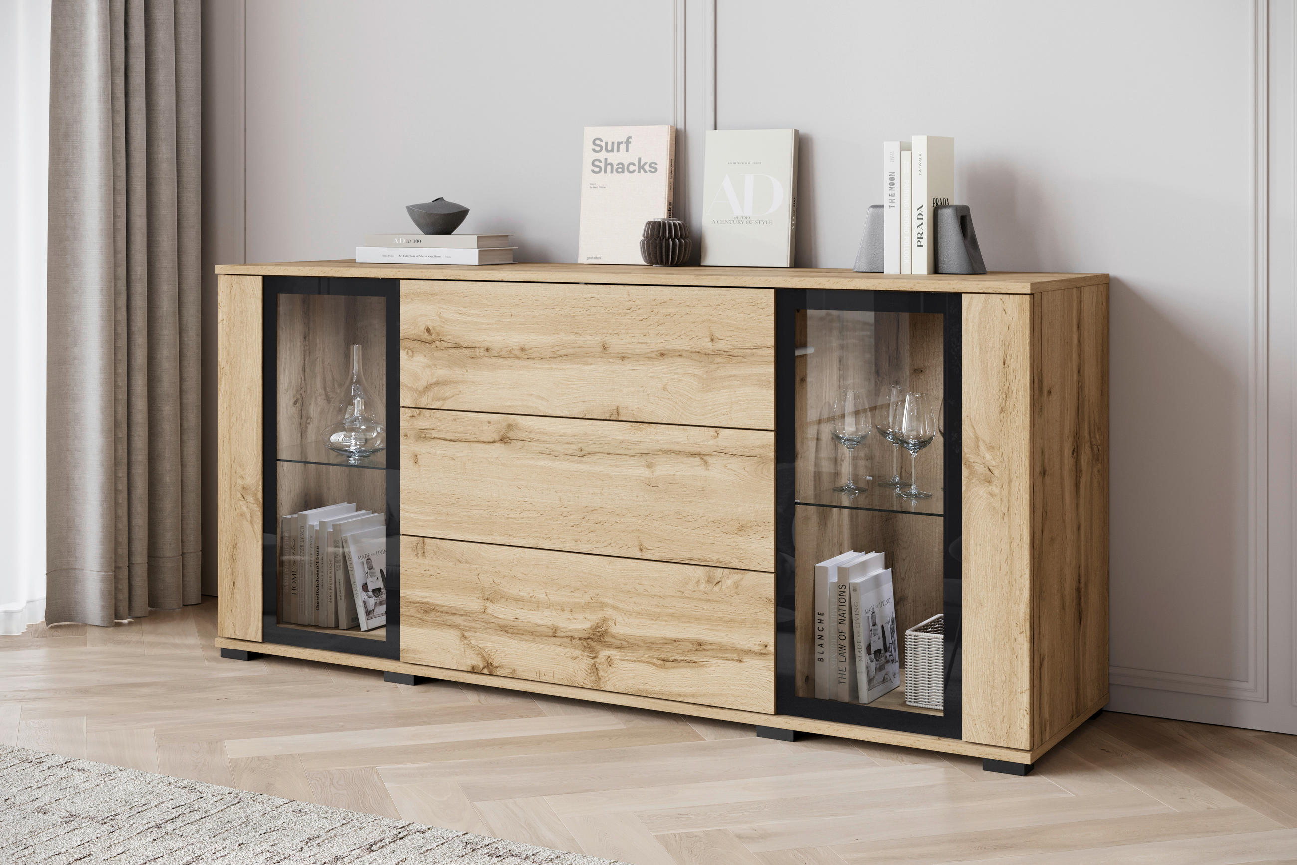 Thumbnail - Livetastic Sideboard Caro, Eiche Wotan, Glas, 2 Fächer, 3 Schubladen, 150x69.7x39.5 cm, Fsc, stehend, Schlafzimmer, Schl...