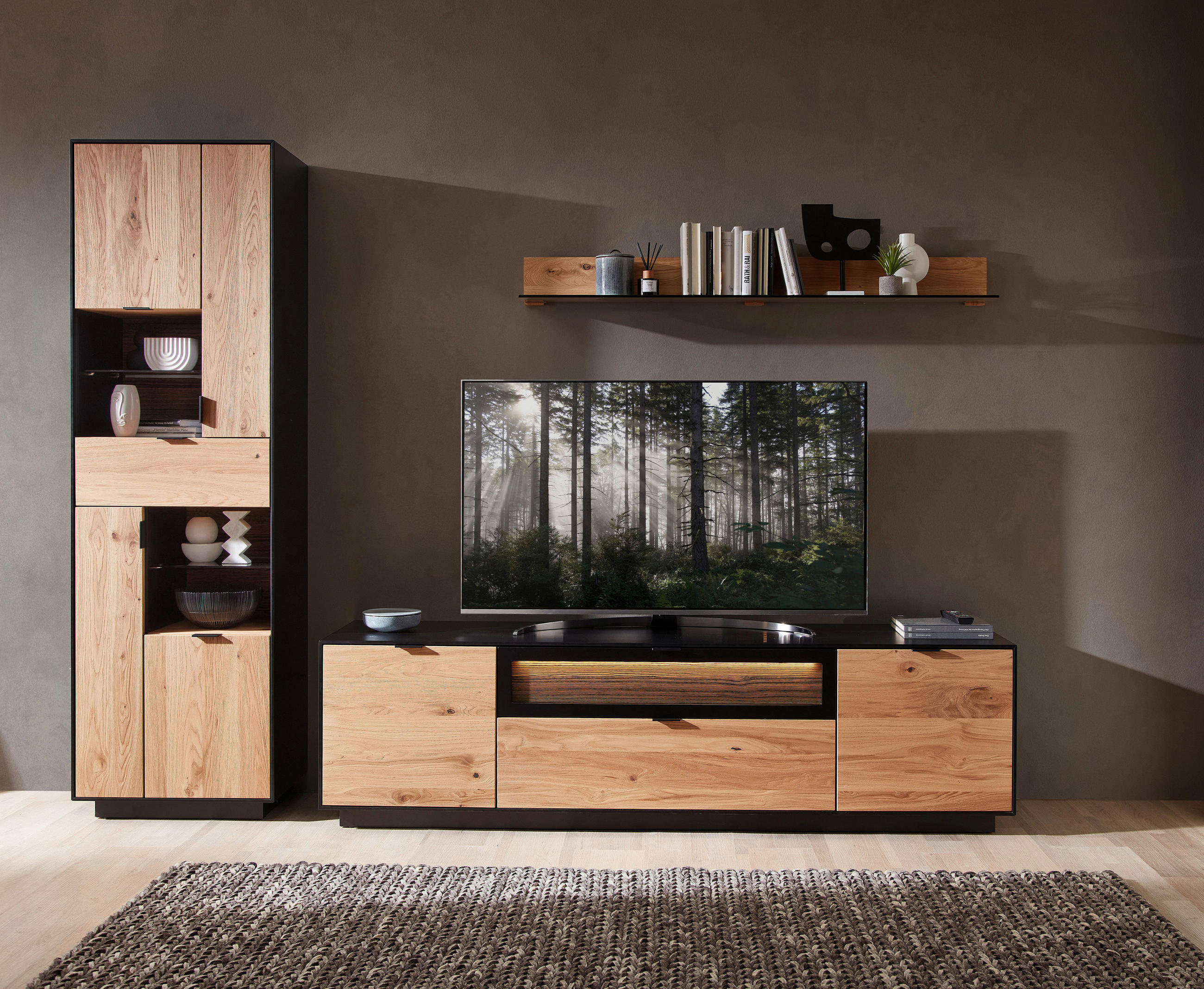 WOHNWAND  in Schwarz, Eichefarben  275/200/45 cm  - Eichefarben/Schwarz, Design, Glas/Holz (275/200/45cm) - Novel