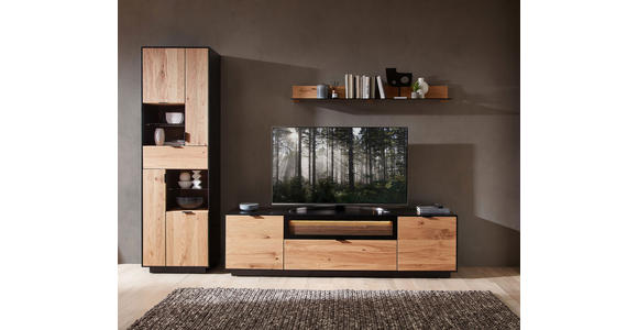 WOHNWAND in Schwarz, Eichefarben 275/200/45 cm - Eichefarben/Schwarz, Design, Glas/Holz (275/200/45cm) - Novel