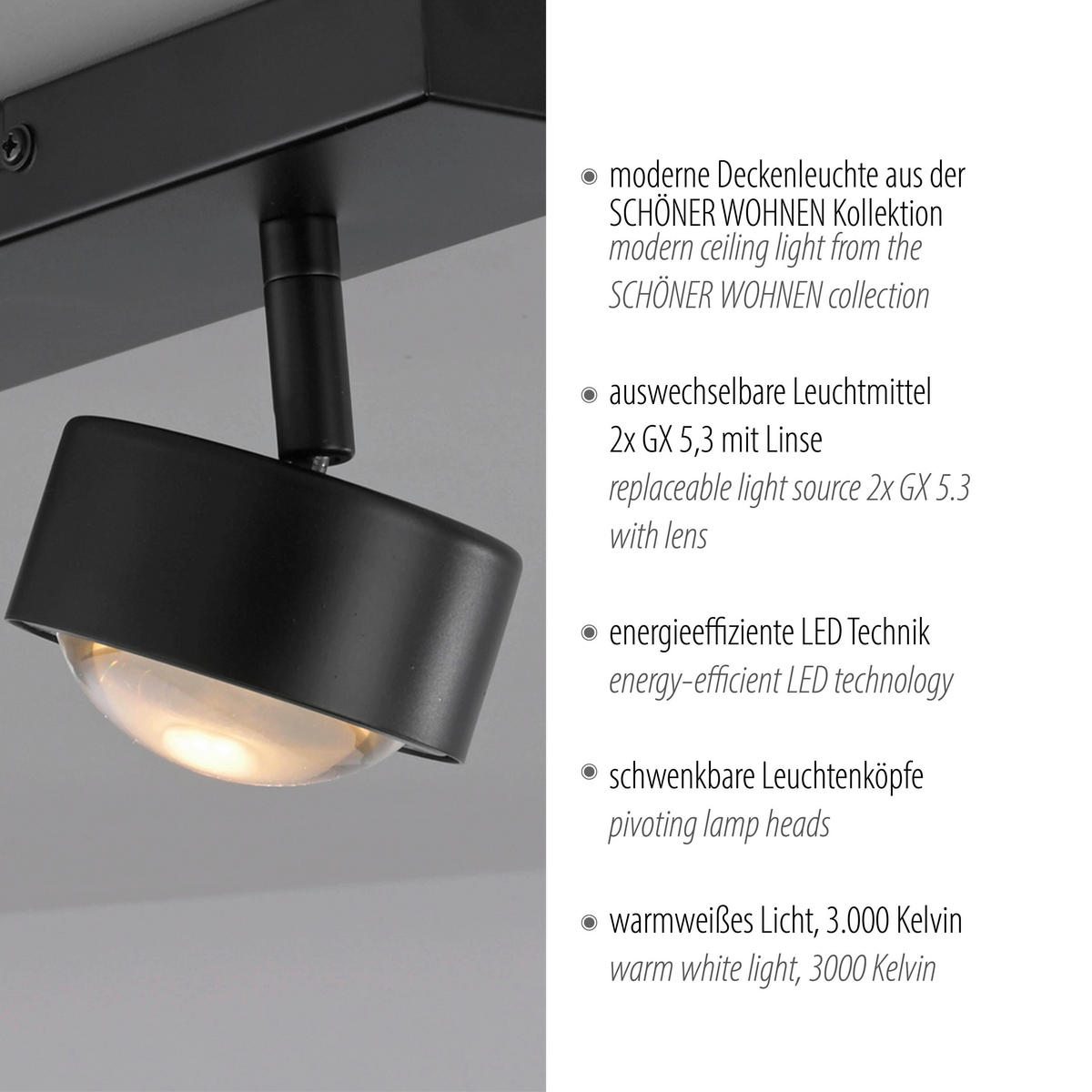 LED-DECKENLEUCHTE 30/12/12,5 cm   - Schwarz, Design, Kunststoff/Metall (30/12/12,5cm) - Schöner Wohnen