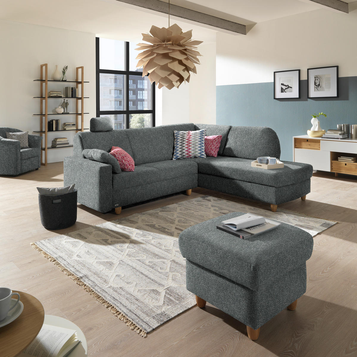 ECKSOFA  in Mikrovelours Graugrün  227/208 cm  - Eichefarben/Rot, KONVENTIONELL, Holz/Textil (227/208cm) - Sedda