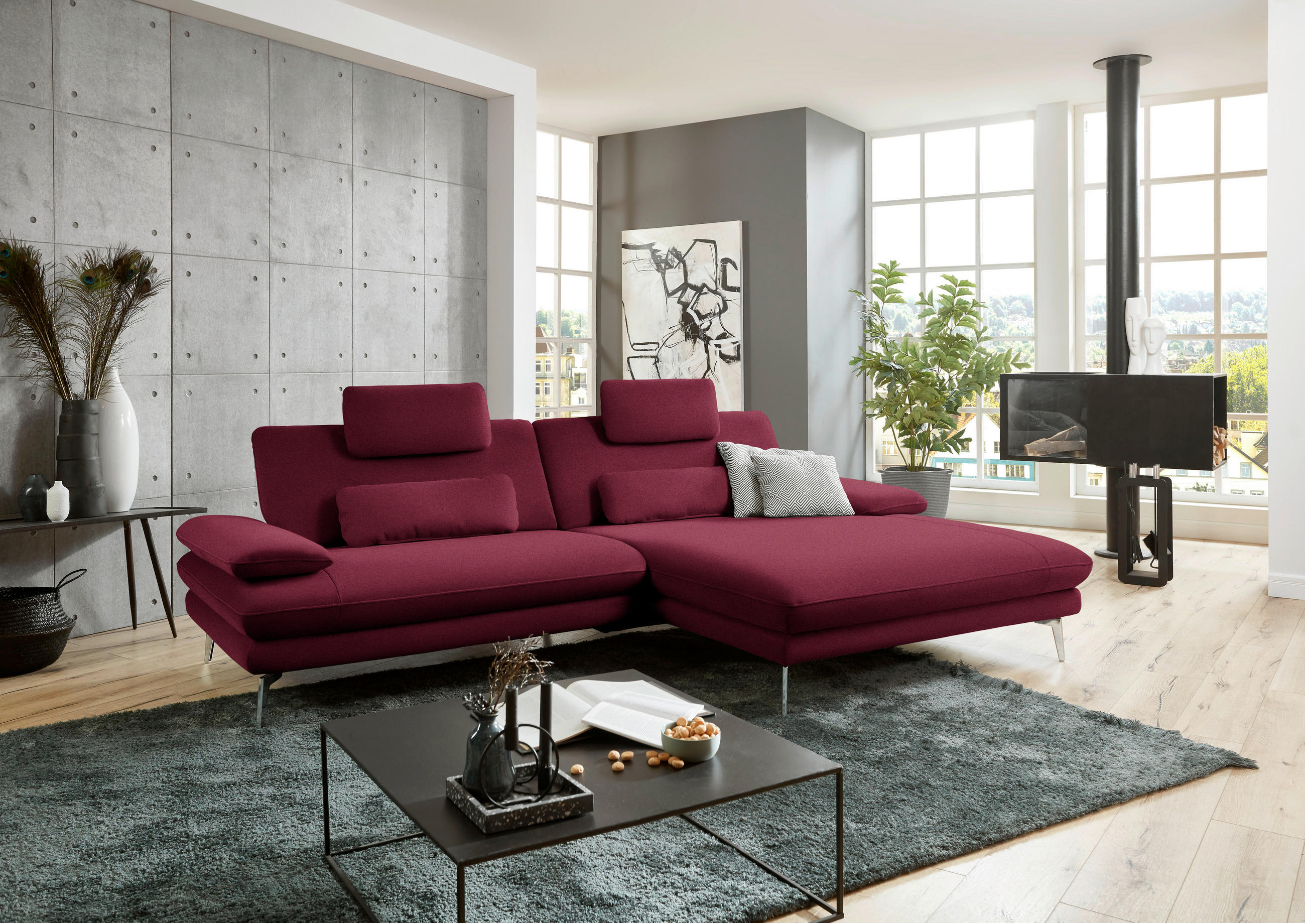 ECKSOFA Rot, Bordeaux Webstoff  - Bordeaux/Rot, Design, Textil/Metall (284/184cm) - Dieter Knoll