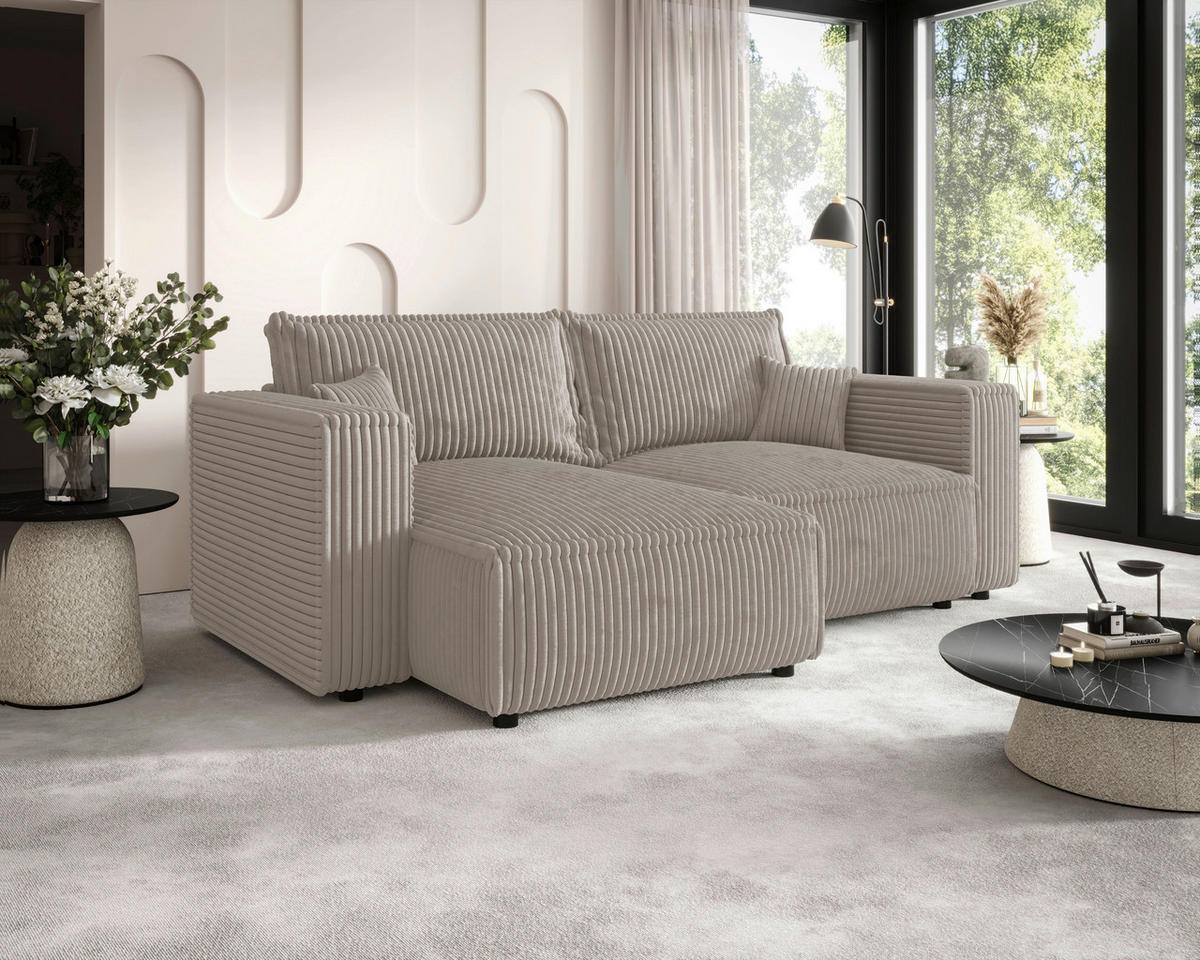 ECKSOFA Beige Cord Zierkissen, Rückenkissen, Schlaffunktion, Rücken echt  - Beige/Schwarz, MODERN, Kunststoff/Textil (153/250cm) - Xora