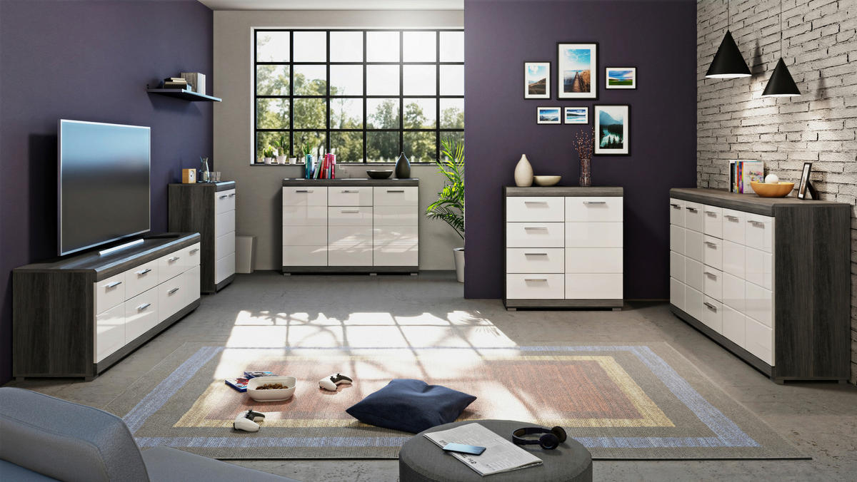 KOMODA, tmavě šedá, vysoce lesklá bílá, 80/85/37 cm - tmavě šedá/barvy chromu, Design, kompozitní dřevo/plast (80/85/37cm) - MID.YOU