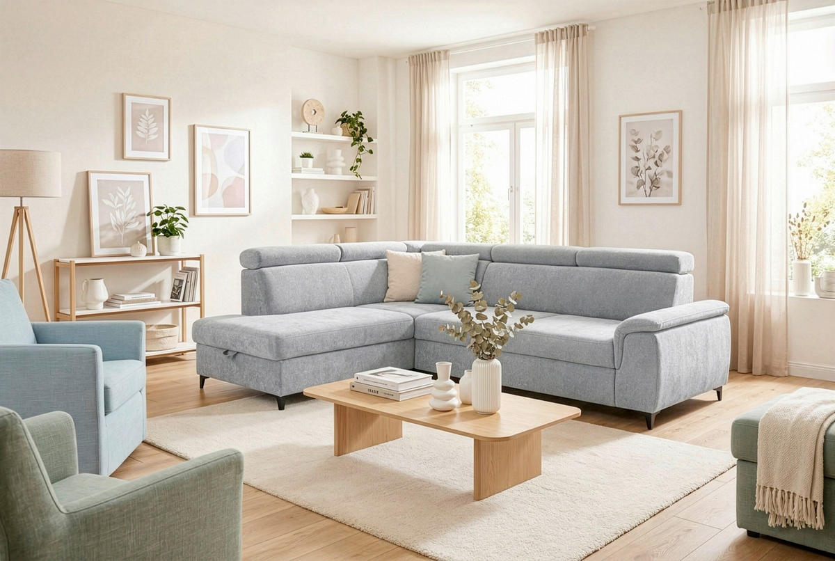 ECKSOFA Silberfarben Chenille Bettkasten, Schlaffunktion, Rücken echt, Kopfteilverstellung, Liegefläche im Originalstoff  - Silberfarben/Schwarz, KONVENTIONELL, Textil/Metall (206/265cm) - Carryhome