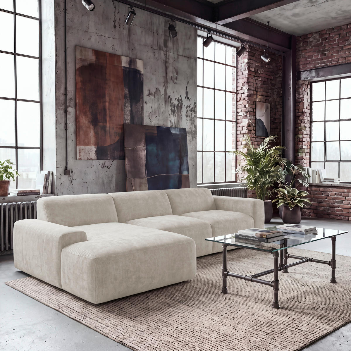 ECKSOFA HANNAH Creme Cord  - Creme/Schwarz, Design, Kunststoff/Textil (170/343cm) - MID.YOU