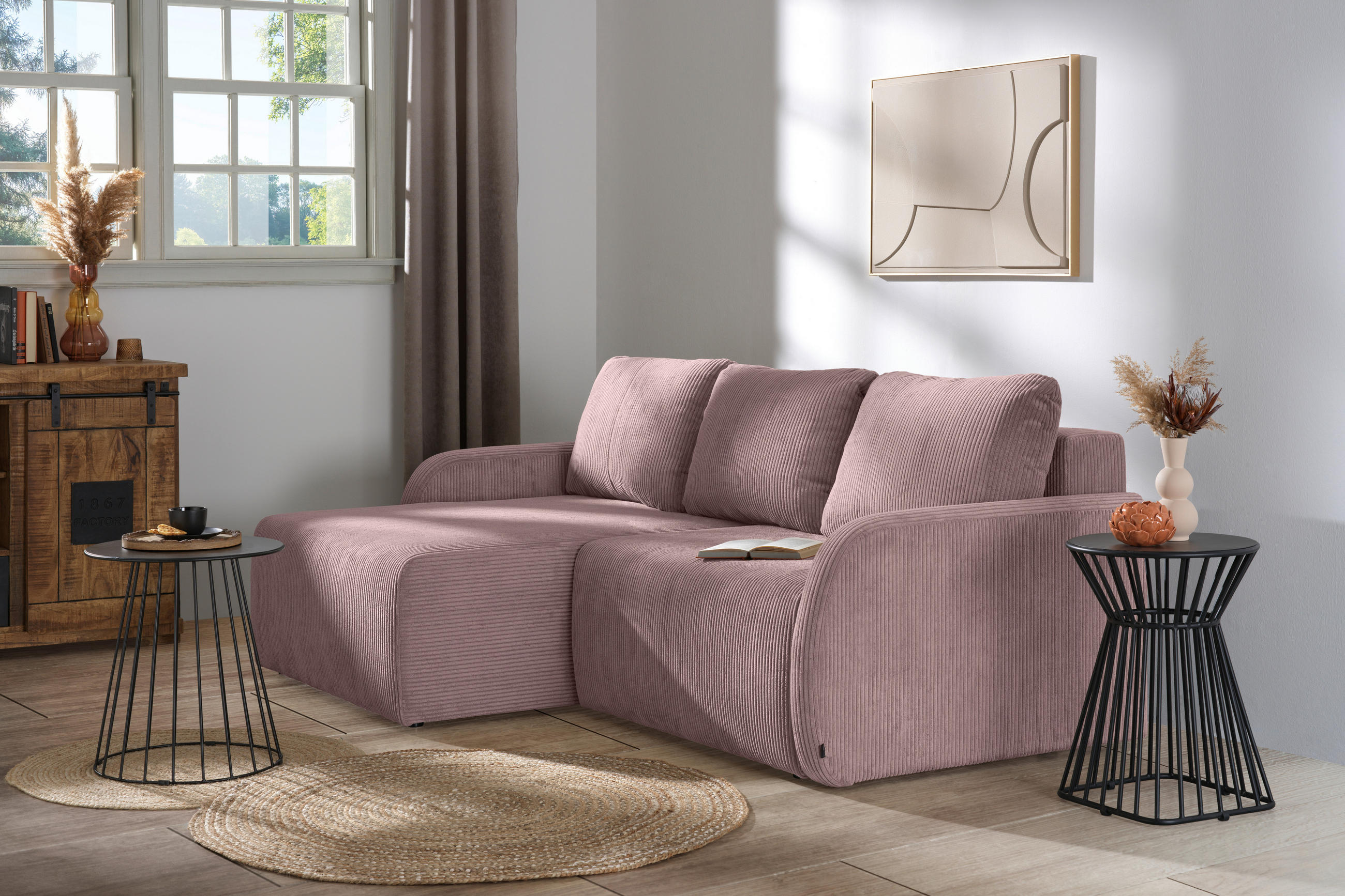 ECKSOFA Rosa Cord  - Schwarz/Rosa, KONVENTIONELL, Kunststoff/Textil (217/146cm) - Carryhome