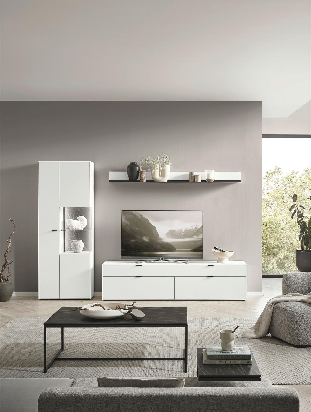WOHNWAND  in Weiss 303/206/45 cm  - Weiss/Schwarz, Design, Glas/Keramik (303/206/45cm) - Dieter Knoll