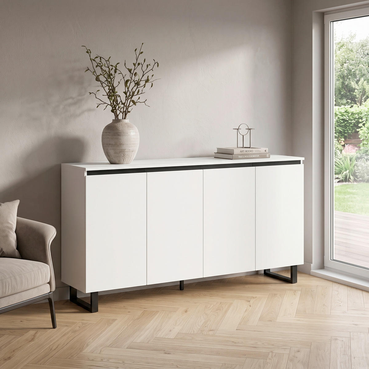 SIDEBOARD  160/84/36 cm  - Schwarz/Weiß, Design, Holzwerkstoff/Metall (160/84/36cm) - Livetastic