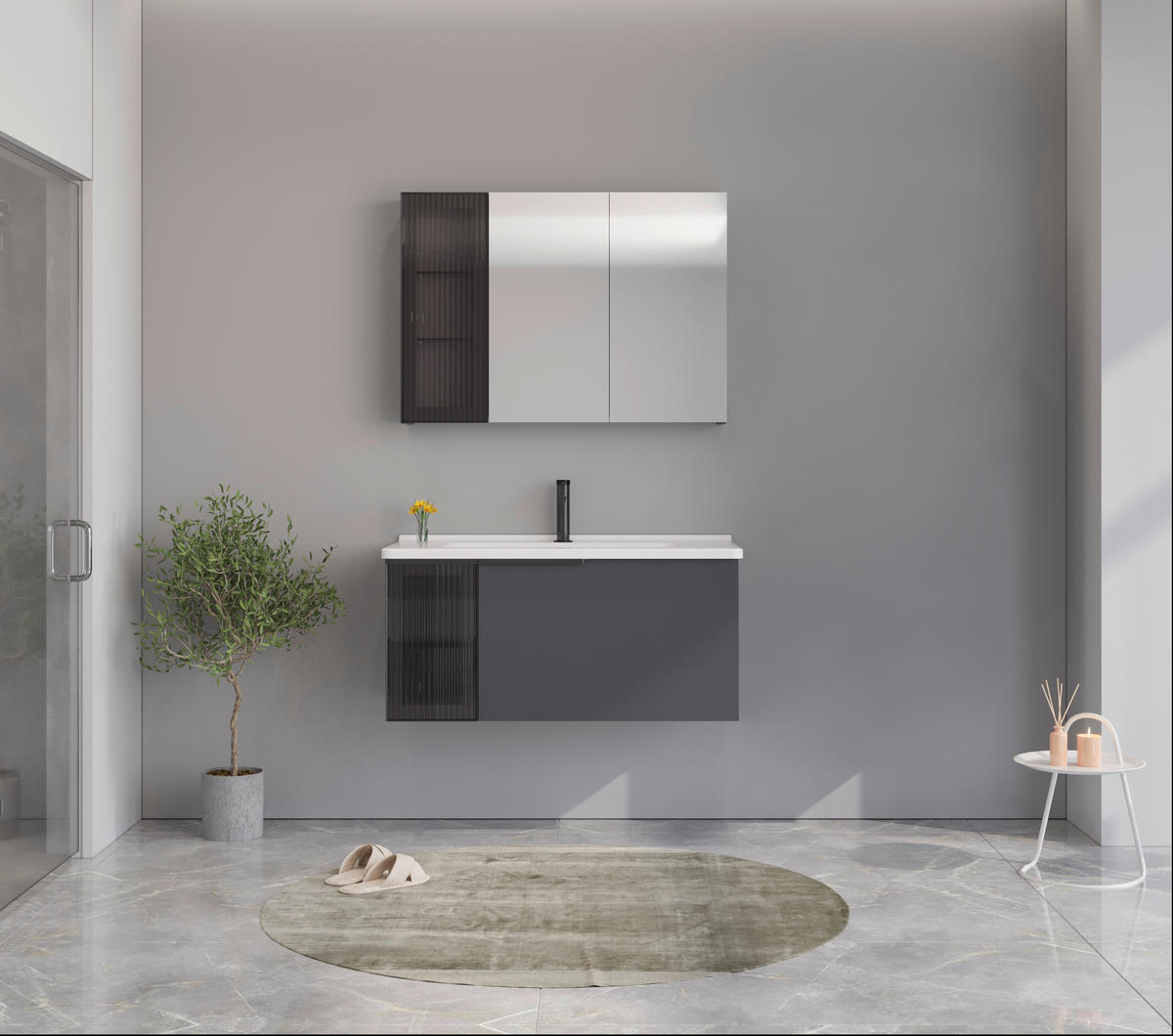 BADEZIMMER 3-teilig  in  - Weiß Hochglanz/Anthrazit, MODERN, Glas/Keramik (100/114/45cm) - MID.YOU