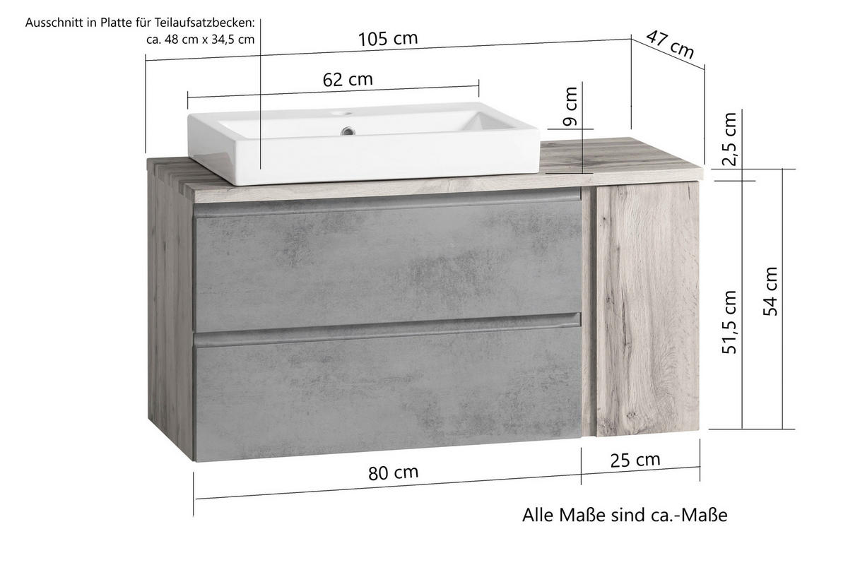 WASCHTISCHKOMBI 105 cm  - Weiss/Eiche Wotan, Modern, Keramik/Holzwerkstoff (105cm) - Held