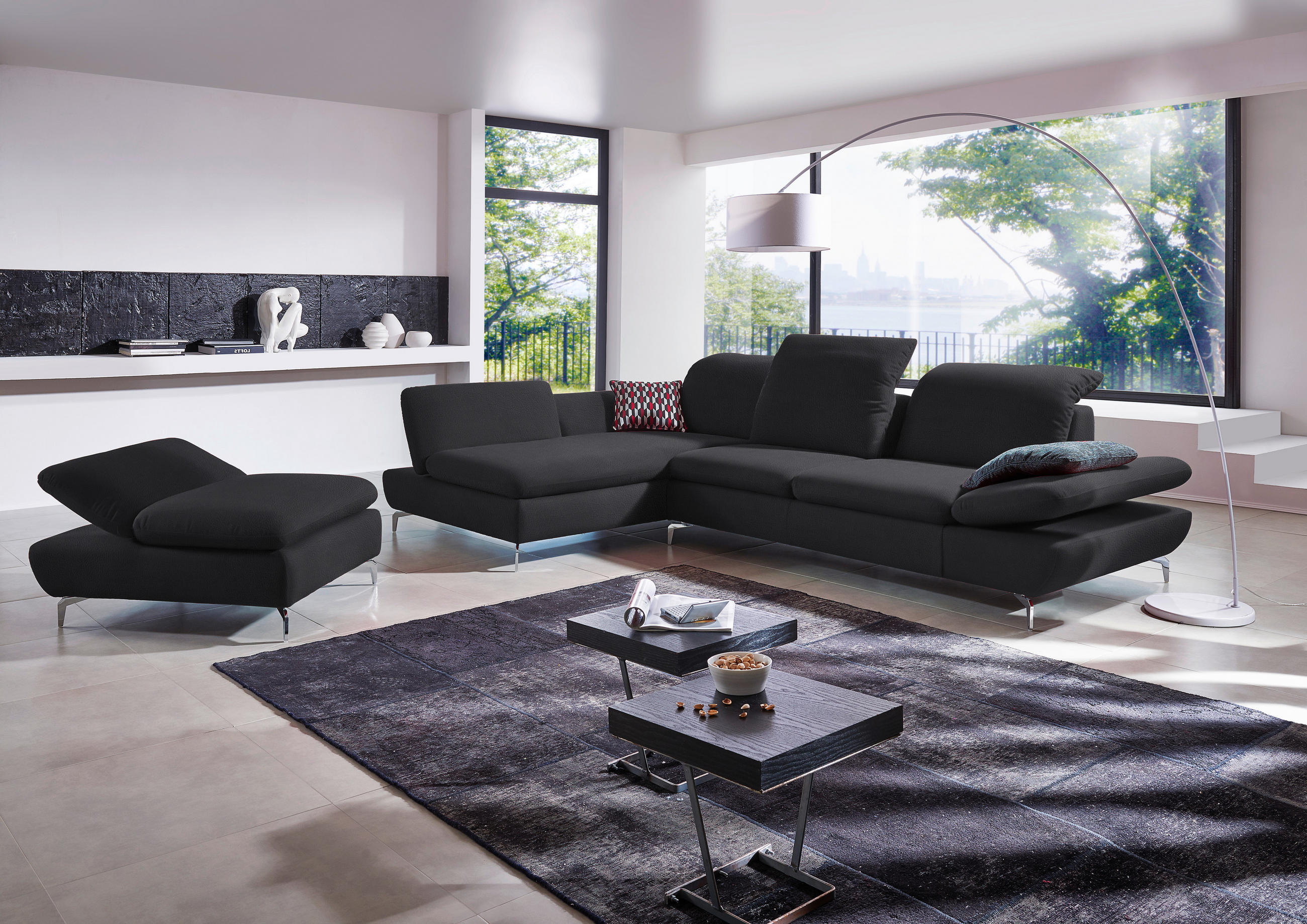 ECKSOFA in Echtleder Schwarz  - Silberfarben/Schwarz, Design, Leder/Metall (200/315cm) - Chilliano
