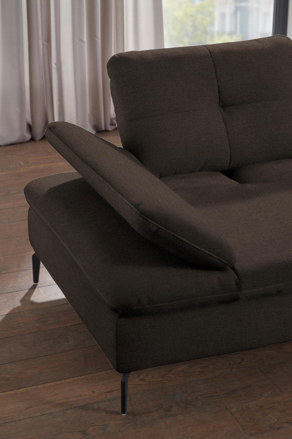 ECKSOFA in Flachgewebe Dunkelbraun  344/157 cm  - Dunkelbraun/Schwarz, Design, Textil/Metall (344/157cm) - Chilliano