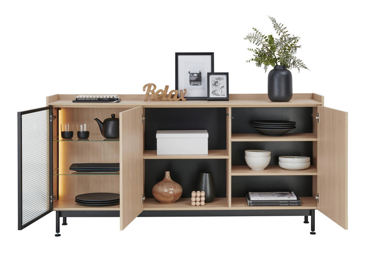 SIDEBOARD Eichefarben  180/89/40 cm  - Eichefarben/Schwarz, Design, Glas/Holzwerkstoff (180/89/40cm) - Lomoco