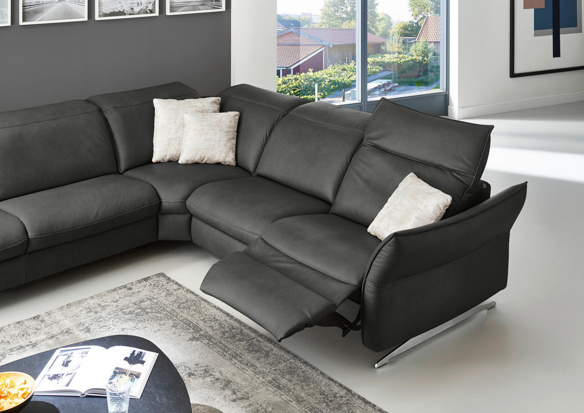 ECKSOFA in Echtleder Schwarz  - Edelstahlfarben/Schwarz, Design, Leder/Metall (258/292cm) - Hukla