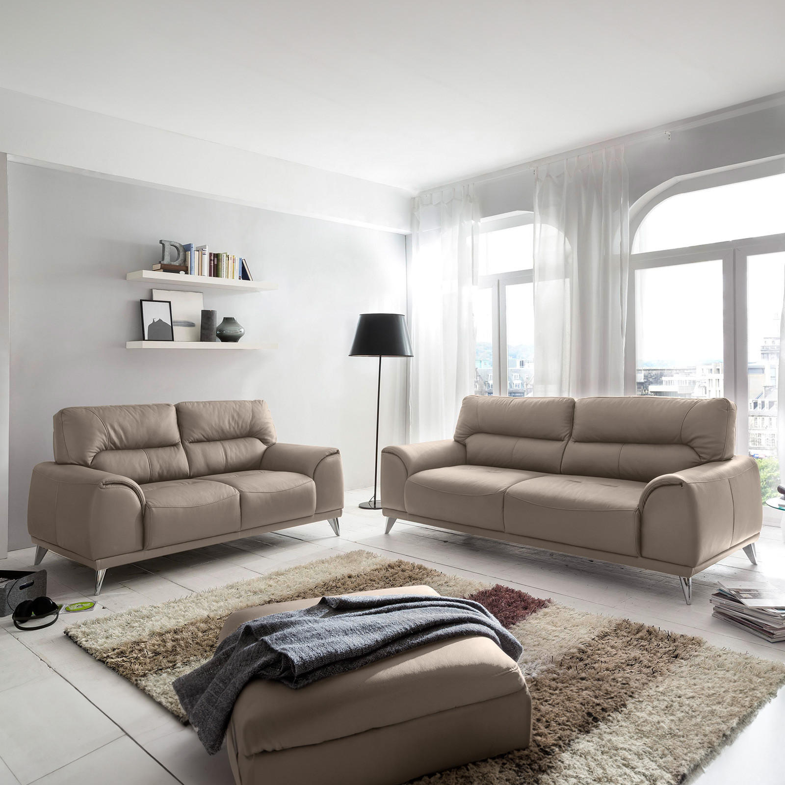 3-SITZER-SOFA Lederlook Sandfarben  - Sandfarben/Chromfarben, MODERN, Textil/Metall (210/92/96cm) - MID.YOU