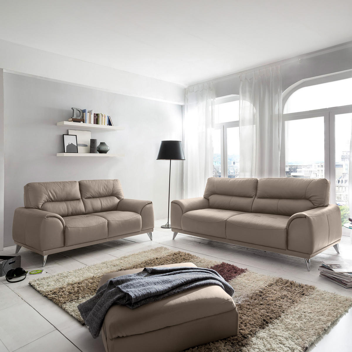 3-SITZER-SOFA Lederlook Sandfarben  - Sandfarben/Chromfarben, MODERN, Textil/Metall (210/92/96cm) - MID.YOU