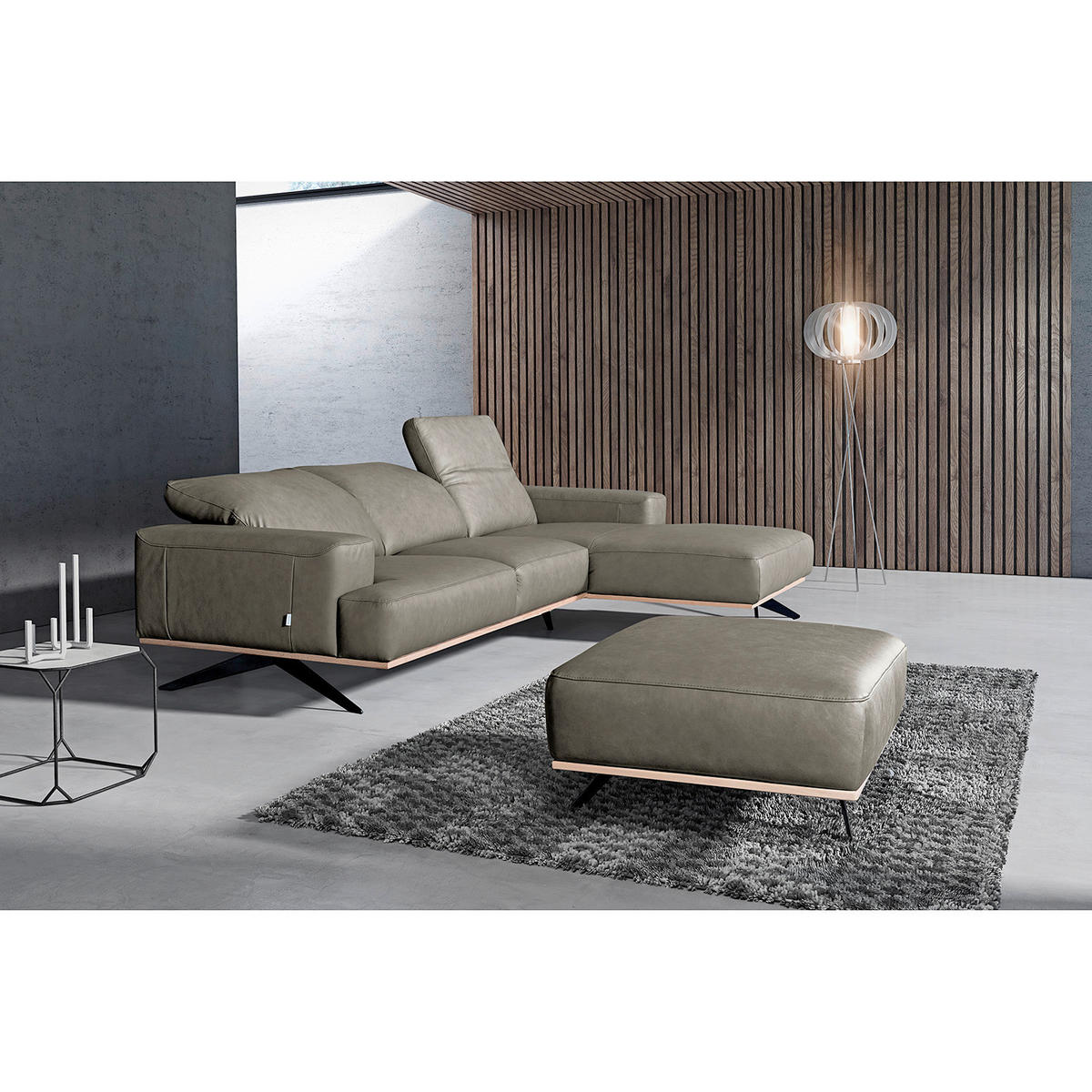 HOCKER in Leder Grau  - Schwarz/Grau, Design, Leder/Metall (95/46/80cm) - Livetastic