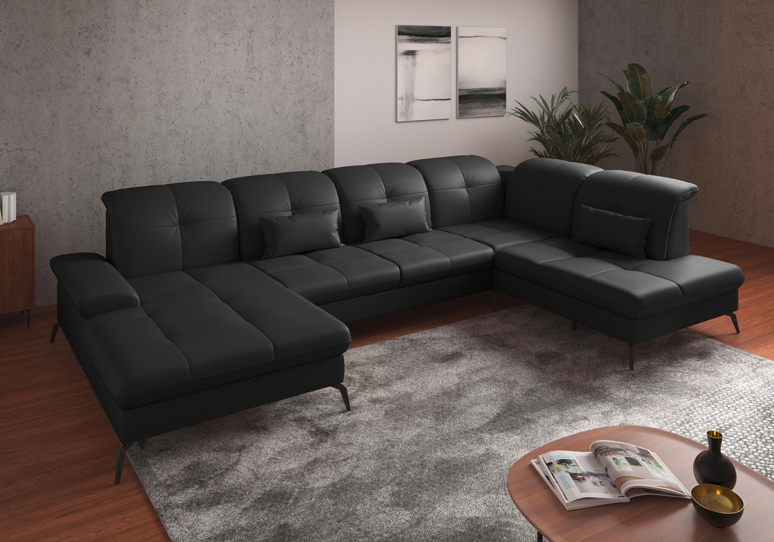 WOHNLANDSCHAFT Schwarz Kombination Echtleder/Stoff Vliesstoff  - Schwarz, KONVENTIONELL, Leder/Textil (185/357/231cm) - Sit & More