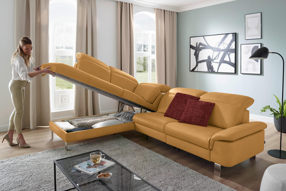 ECKSOFA in Echtleder Senfgelb  233/309 cm  - Edelstahlfarben/Senfgelb, Design, Leder/Metall (233/309cm) - Dieter Knoll