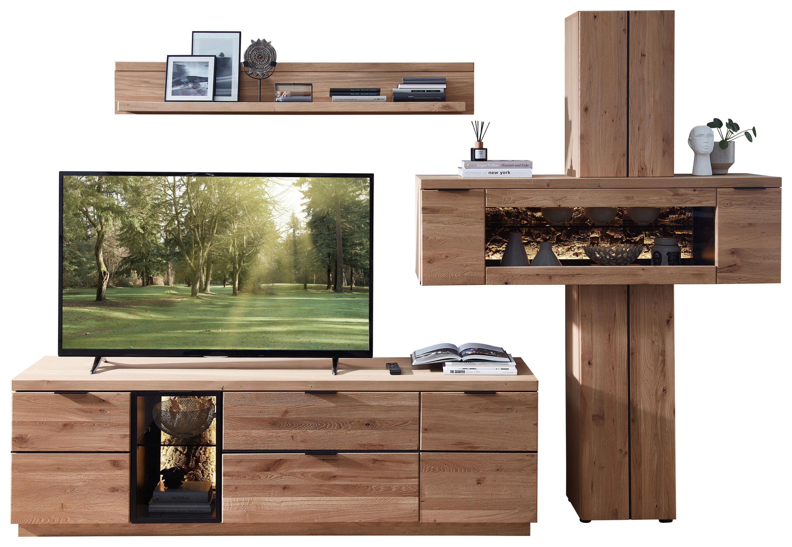 WOHNWAND  in Schwarz, Wildeiche  303/203/50 cm  - Wildeiche/Schwarz, Natur, Glas/Holz (303/203/50cm) - Livetastic