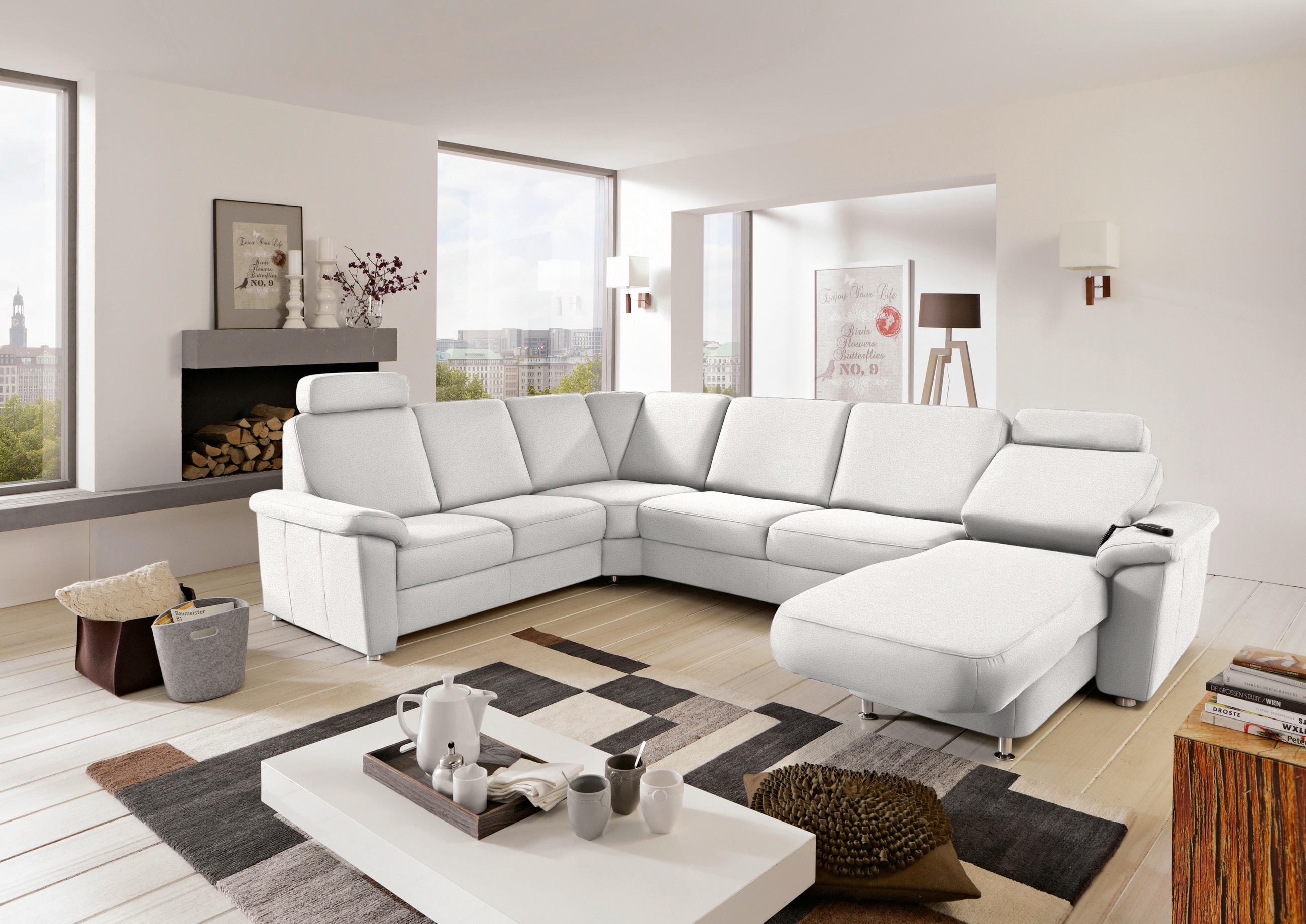 WOHNLANDSCHAFT Creme Flachgewebe  - Chromfarben/Creme, KONVENTIONELL, Textil/Metall (240/330/163cm) - Beldomo System