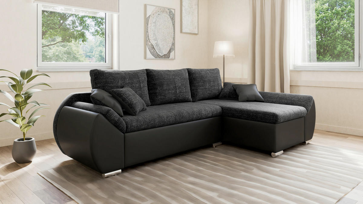 ECKSOFA  AURO Schwarz  - Silberfarben/Schwarz, Design, Kunststoff/Textil (275/155cm) - MID.YOU