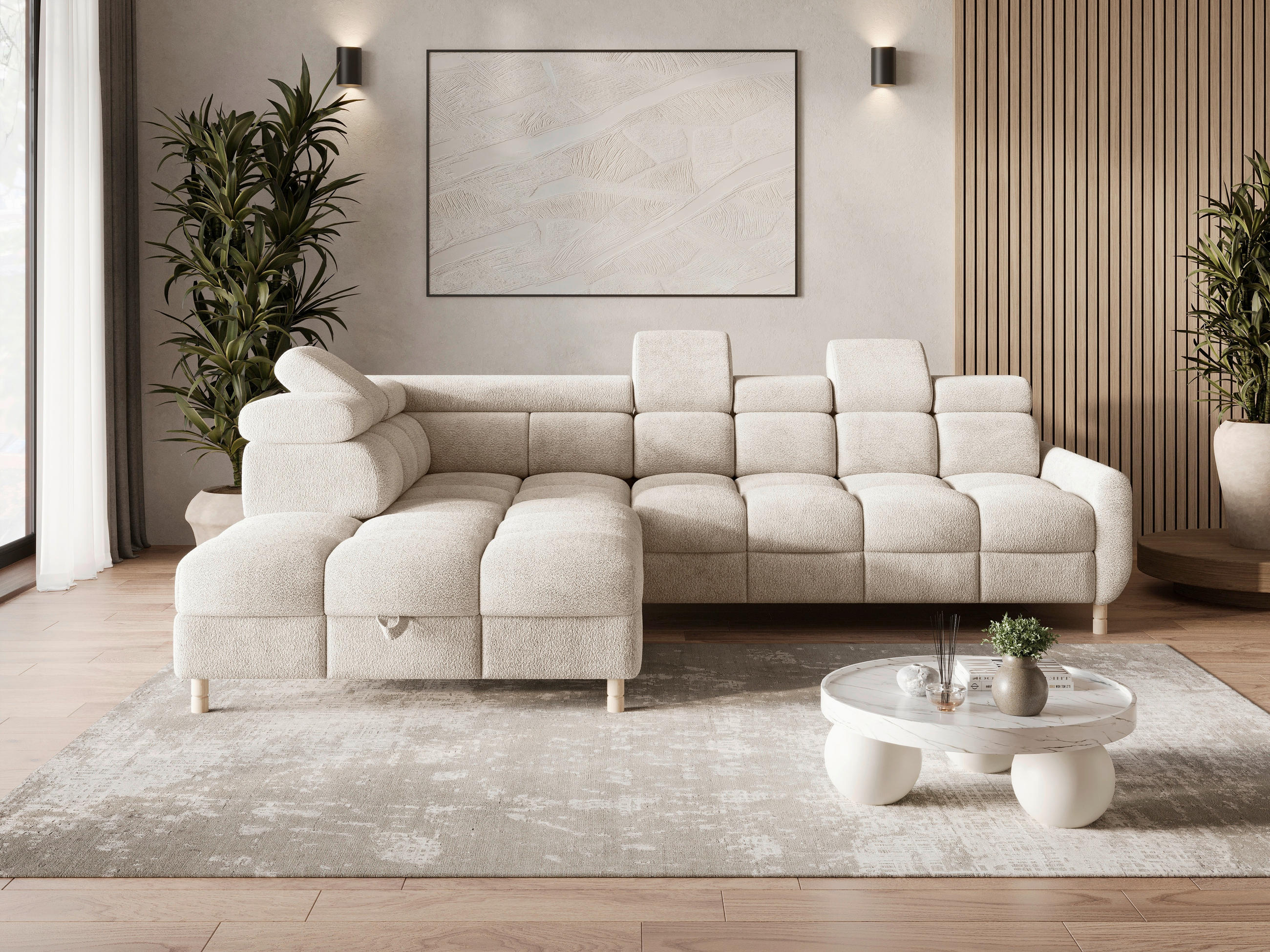 ECKSOFA BUN Beige Bouclé Schlaffunktion, Rücken echt, Kopfteilverstellung, Stauraum, Kopfstütze  - Elfenbein/Beige, Design, Holz/Textil (209/276cm) - MID.YOU