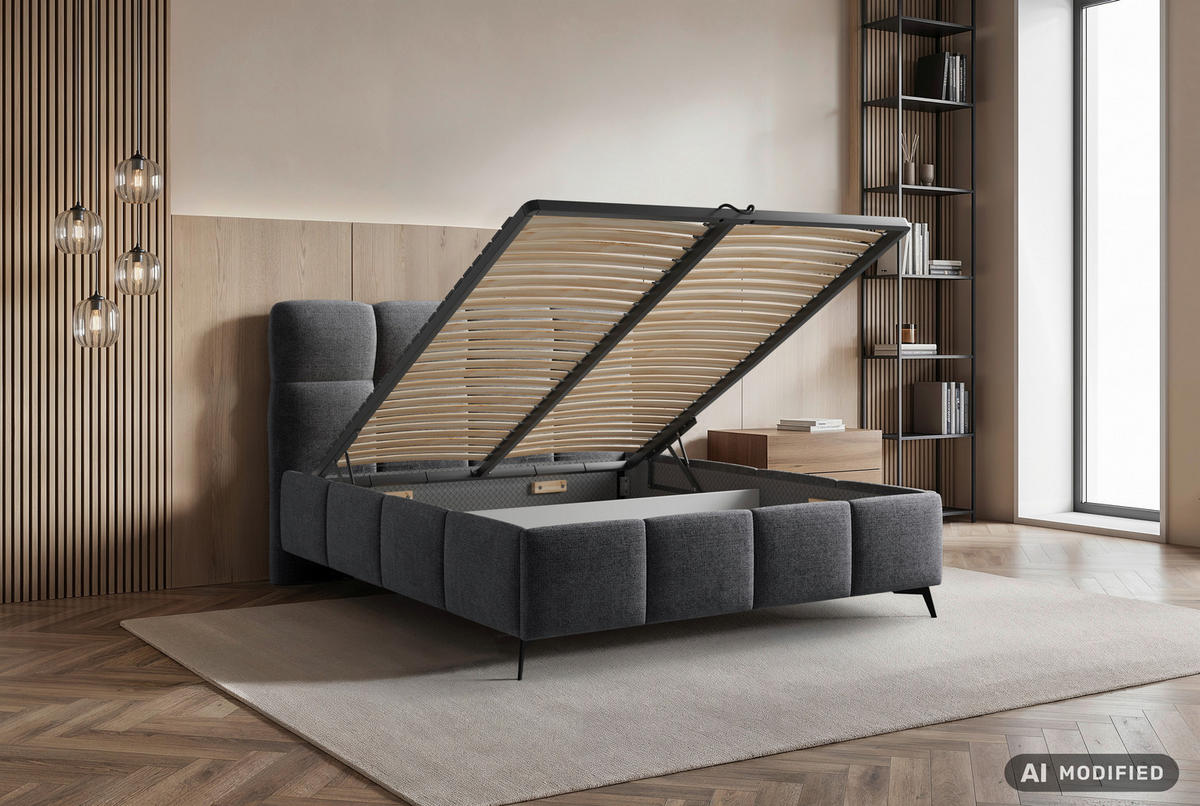 POLSTERBETT 140/200 cm,  in Anthrazit, gepolstertes Kopfteil, Lattenrost,  - Anthrazit/Schwarz, Design, Holz/Textil (140/200cm) - Chameo