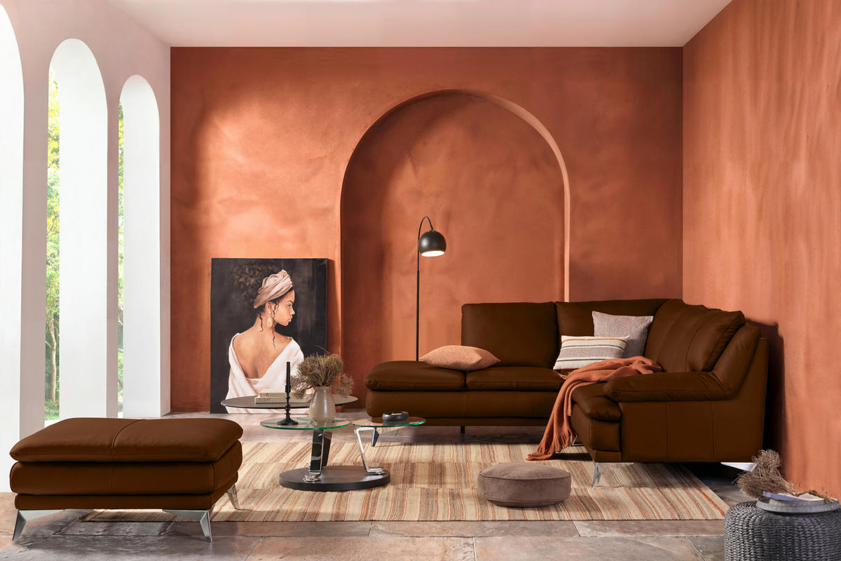 ECKSOFA Cognac Echtleder  - Chromfarben/Cognac, Design, Leder/Metall (224/252cm) - Novel