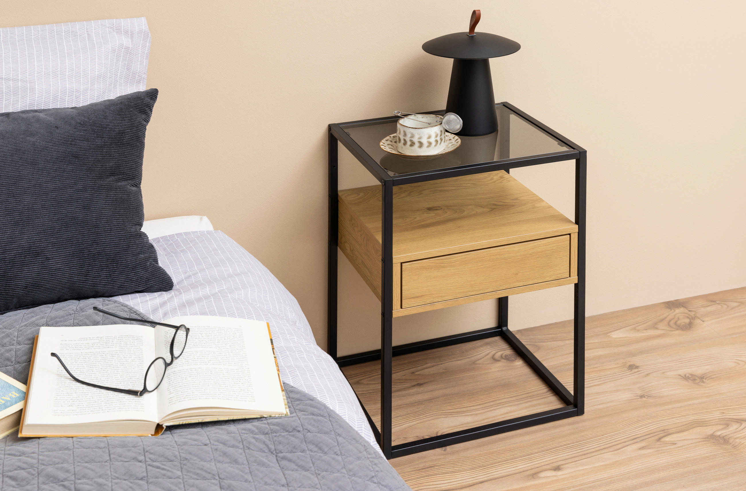 NACHTSCHRANK  - Wildeiche/Schwarz, MODERN, Holzwerkstoff/Metall (40/60/35cm) - MID.YOU