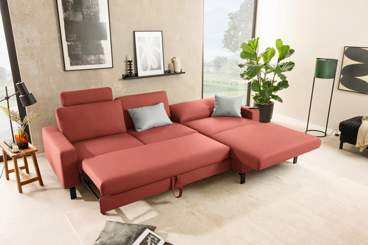 ECKSOFA Cord Koralle  - Koralle/Schwarz, Design, Textil/Metall (298/185cm) - Pure Home Lifestyle