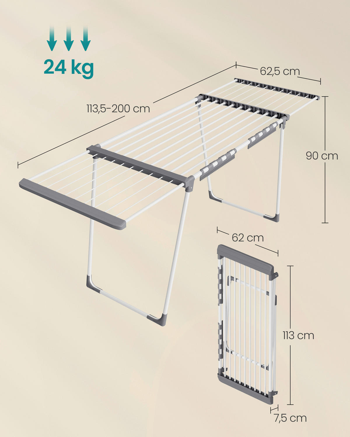 WÄSCHETROCKNER Bunji  - Weiß/Grau, Basics, Kunststoff/Metall (113,5/90/62,5cm)
