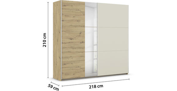 SCHWEBETÜRENSCHRANK 218/210/59 cm 2-türig Champagner, Eiche Artisan  - Champagner/Alufarben, Design, Glas/Holzwerkstoff (218/210/59cm) - Xora