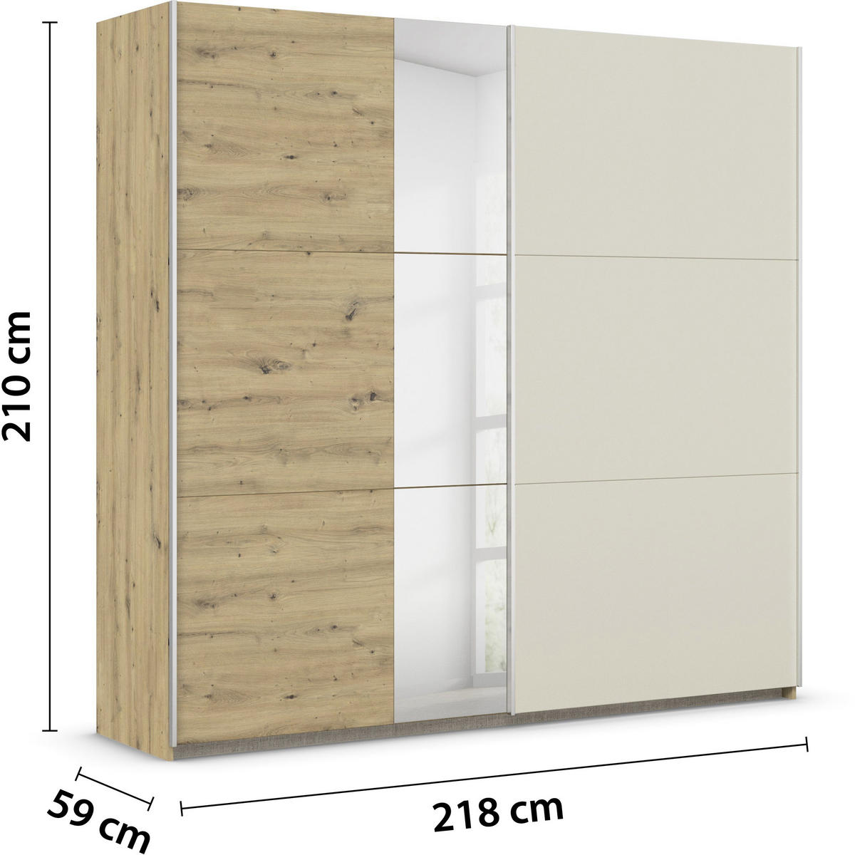 SCHWEBETÜRENSCHRANK 218/210/59 cm 2-türig Champagner, Eiche Artisan  - Champagner/Alufarben, Design, Glas/Holzwerkstoff (218/210/59cm) - Rauch Möbel