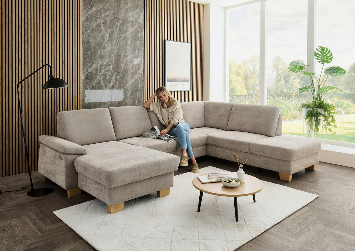 WOHNLANDSCHAFT Beldomo System in Flachgewebe Beige  - Eichefarben/Beige, KONVENTIONELL, Holz/Textil (167/316/235cm) - Beldomo System