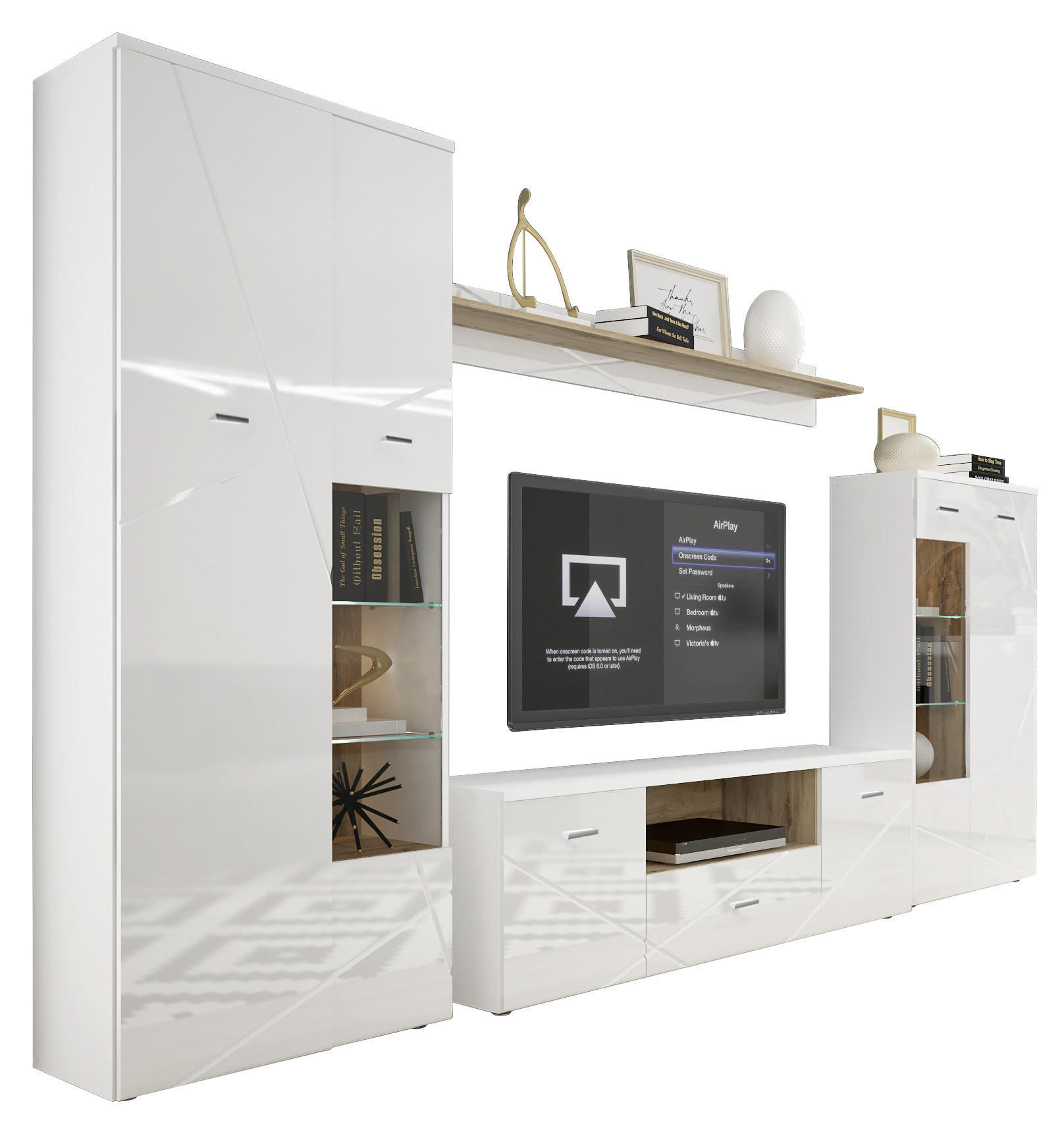 Wohnwand in Weiß, Eichefarben