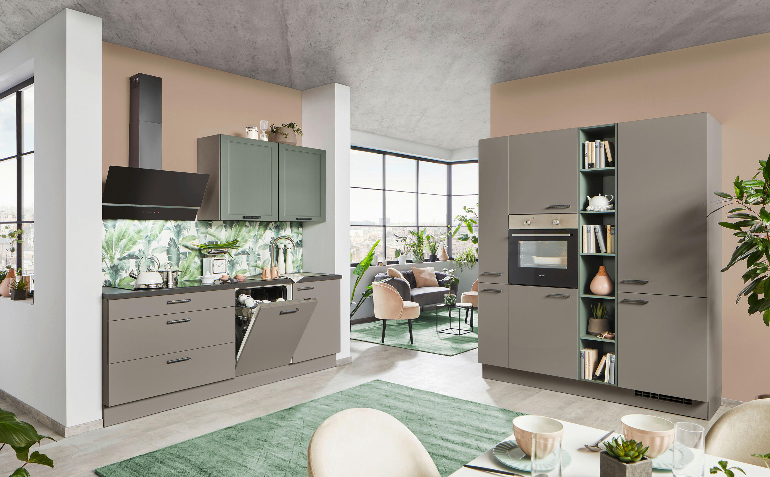 ECKKÜCHE 220/180 cm  in Grau, Grün, Taupe  - Taupe/Schwarz, Design, Holzwerkstoff/Metall (220/180cm) - Celina
