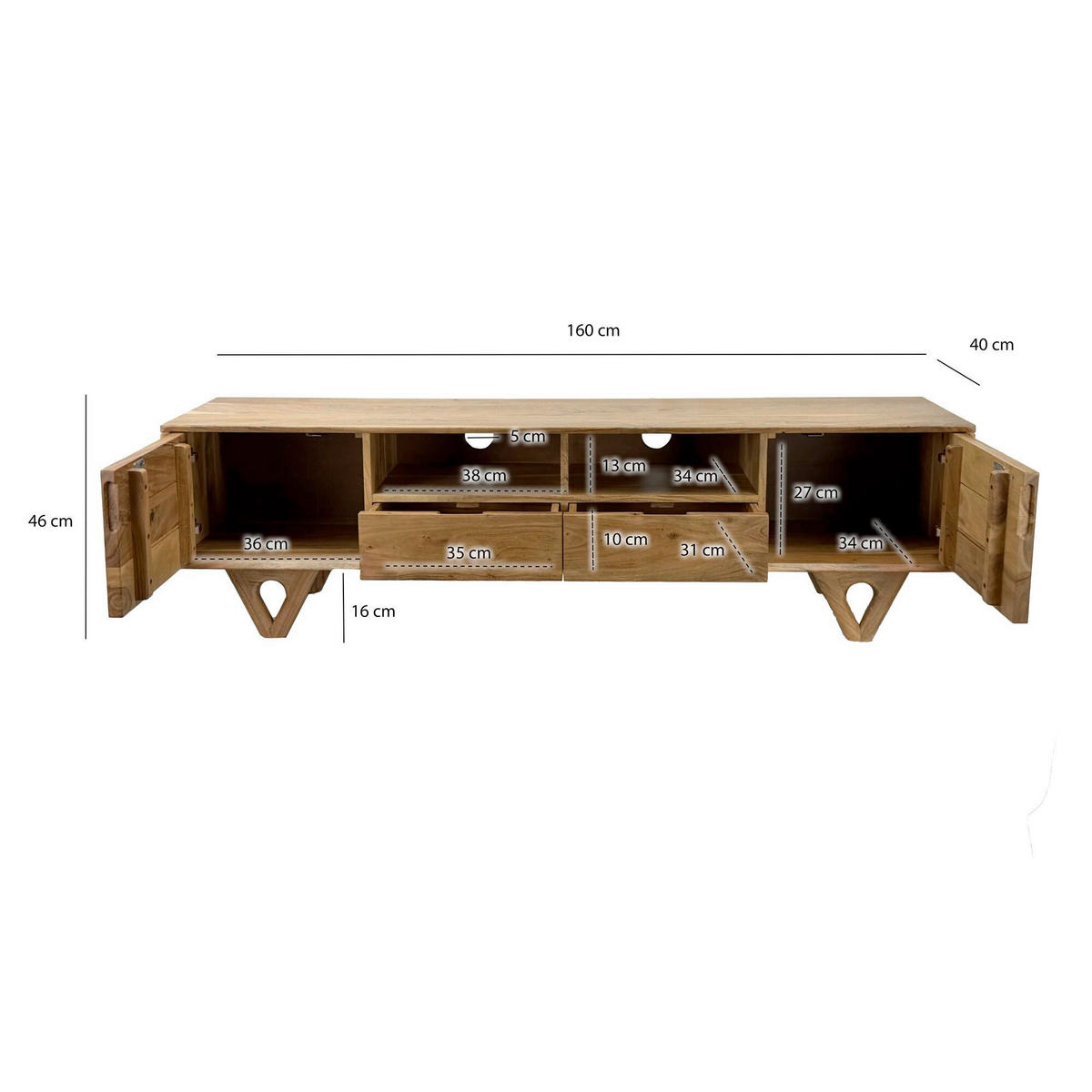 LOWBOARD   2 Schublade(n) stehend, handgemacht  - Akaziefarben, Design, Holz (160/40/46cm) - Livetastic