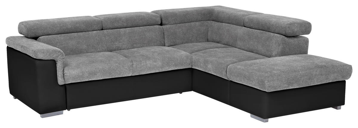 ECKSOFA Grau, Schwarz Lederlook, Flachgewebe  - Schwarz/Grau, Basics, Holz/Textil (252/217cm) - MID.YOU
