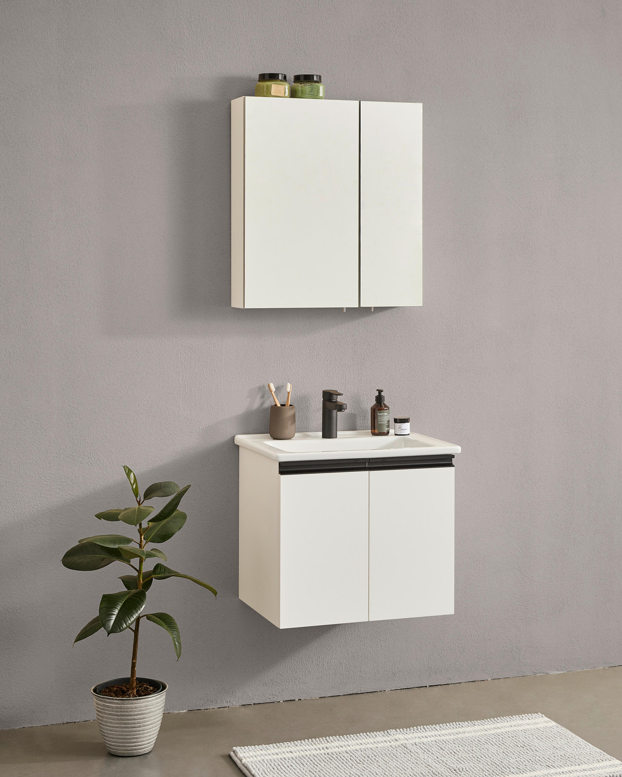 BADEZIMMER 3-teilig  in  - Weiß Hochglanz/Schwarz, MODERN, Glas/Keramik (60/119/46cm) - MID.YOU