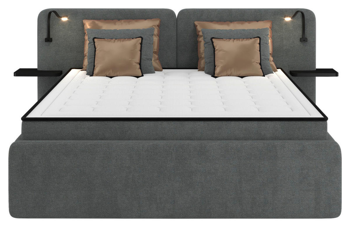 POLSTERBETT 180/200 cm,  in Dunkelgrau, gepolstertes Kopfteil, Beleuchtung, Lattenrost, H2 + H3 = mittel + fest  - Dunkelgrau/Schwarz, MODERN, Kunststoff/Textil (180/200cm) - Chameo