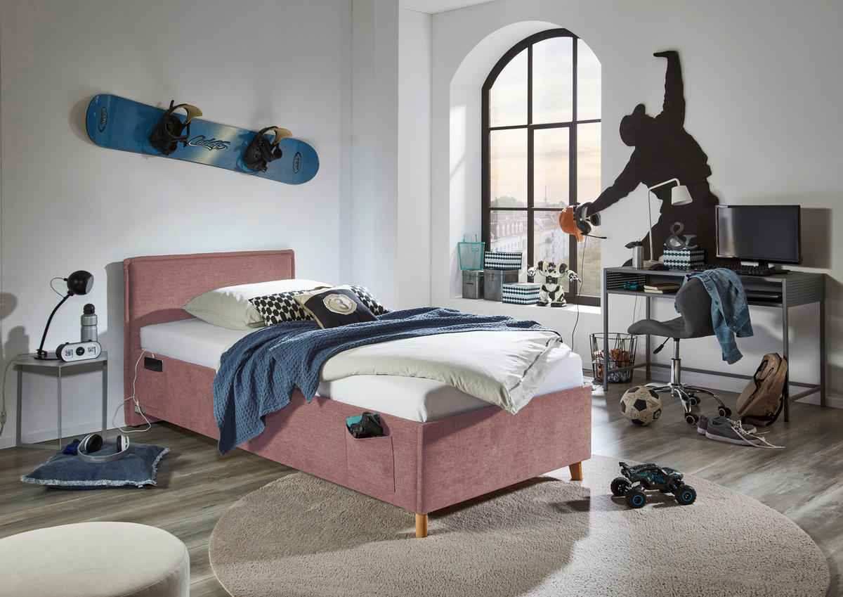 POLSTERBETT 90/200 cm  in Rosa  - Eichefarben/Birkefarben, Konventionell, Holz/Textil (90/200cm) - home24