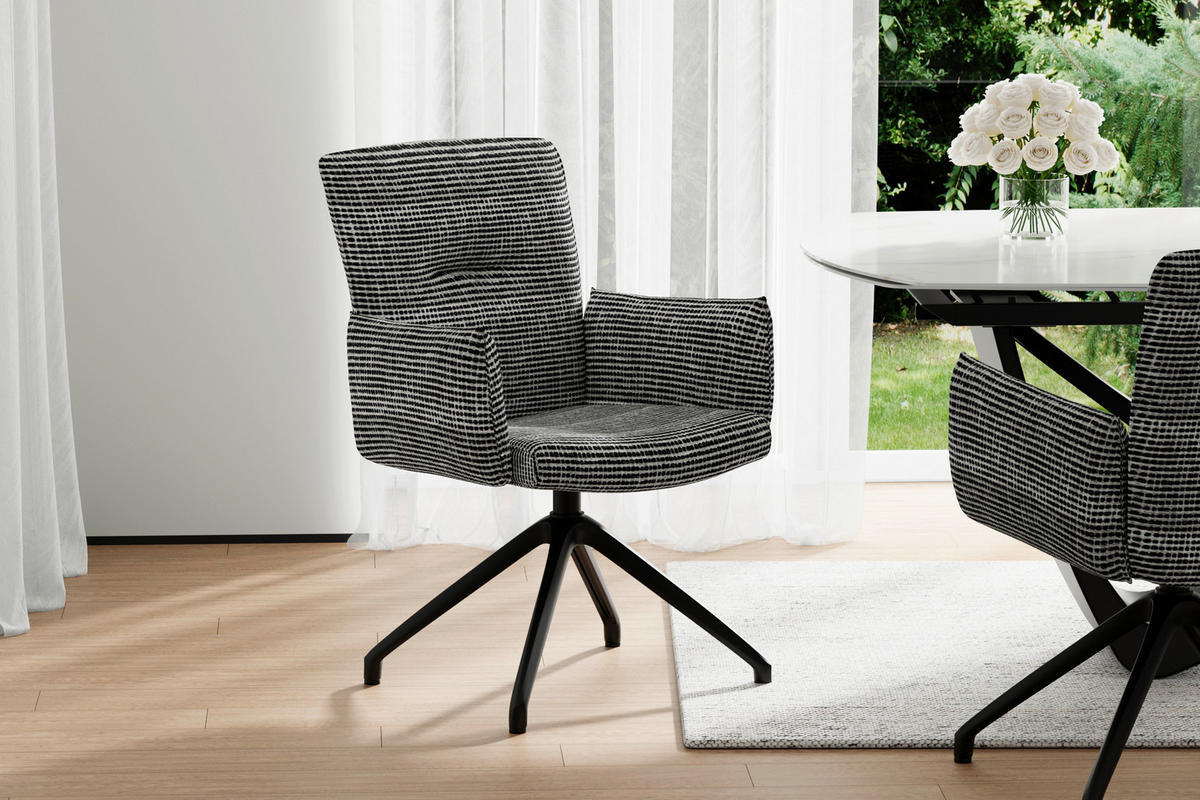 ARMLEHNSTUHL  Sitzfläche 360° drehbar, inklusive Armlehnen, automatische Rückholfunktion Webstoff  - Schwarz/Weiß, Design, Textil/Metall (65/91/65cm) - Novel
