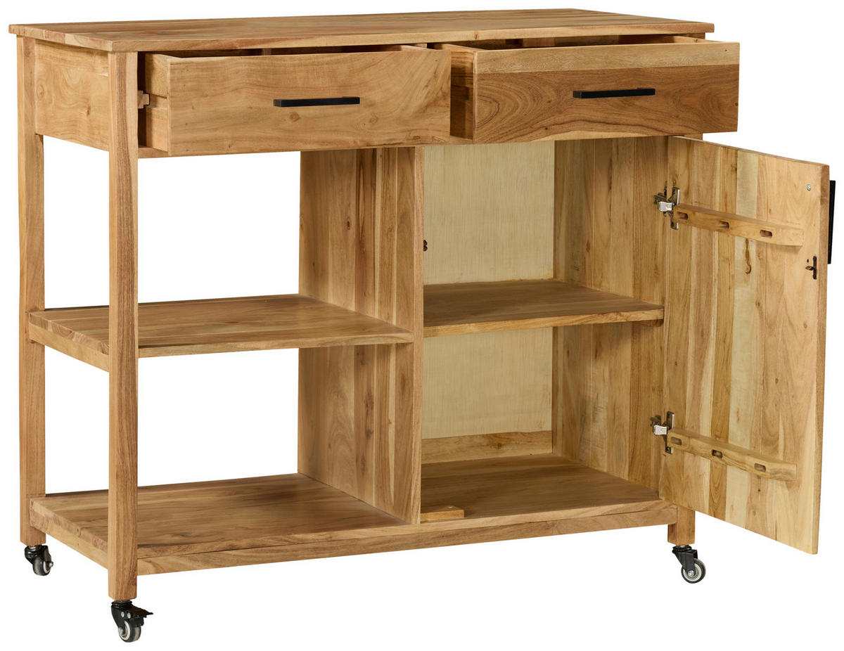 SERVIERWAGEN Akazie vollmassiv Akaziefarben  - Schwarz/Akaziefarben, Natur, Holz/Kunststoff (100/90/48cm) - Livetastic