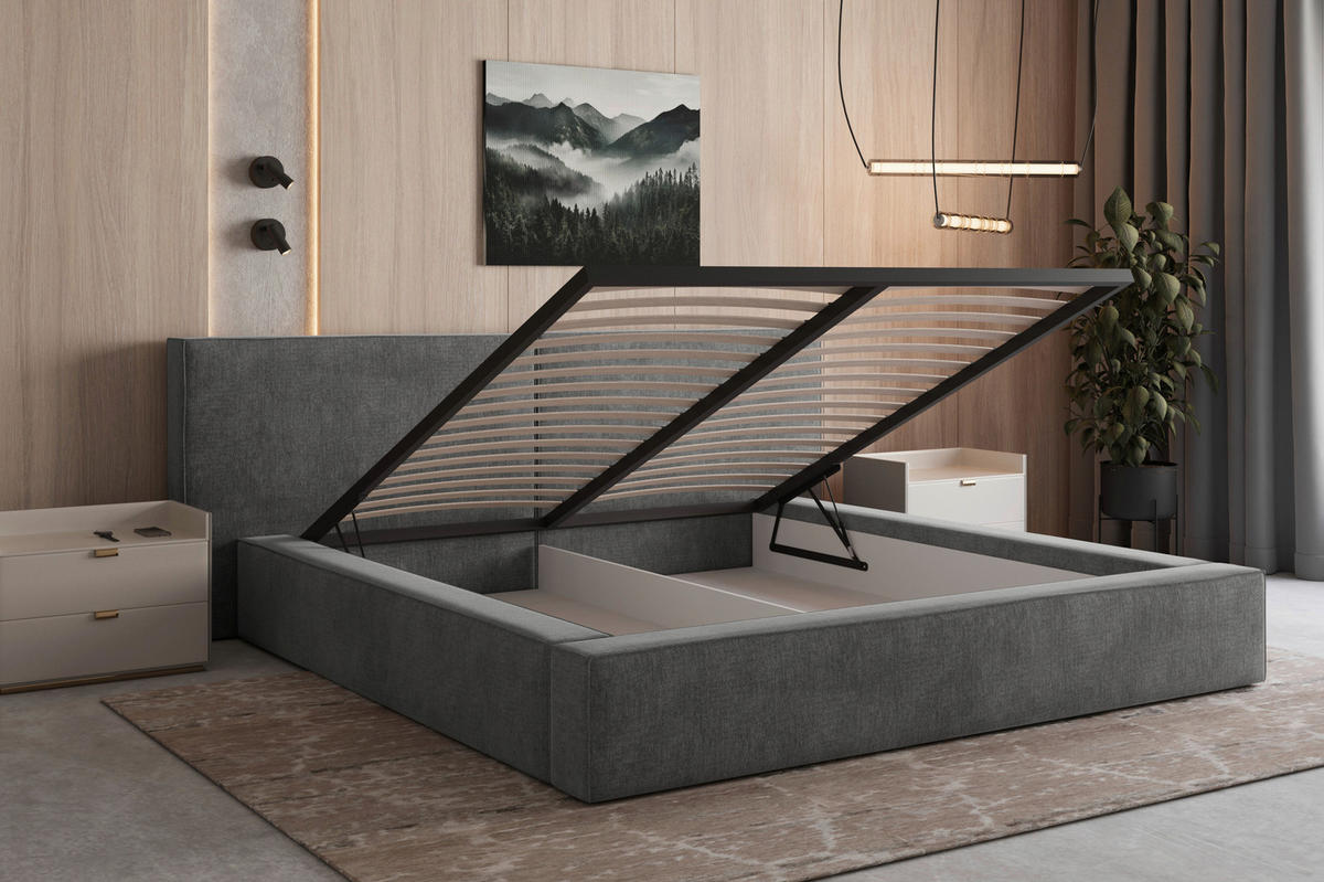 POLSTERBETT 160/200 cm,  in Anthrazit, Bettkasten,  - Anthrazit/Schwarz, MODERN, Holz/Metall (160/200cm) - MID.YOU