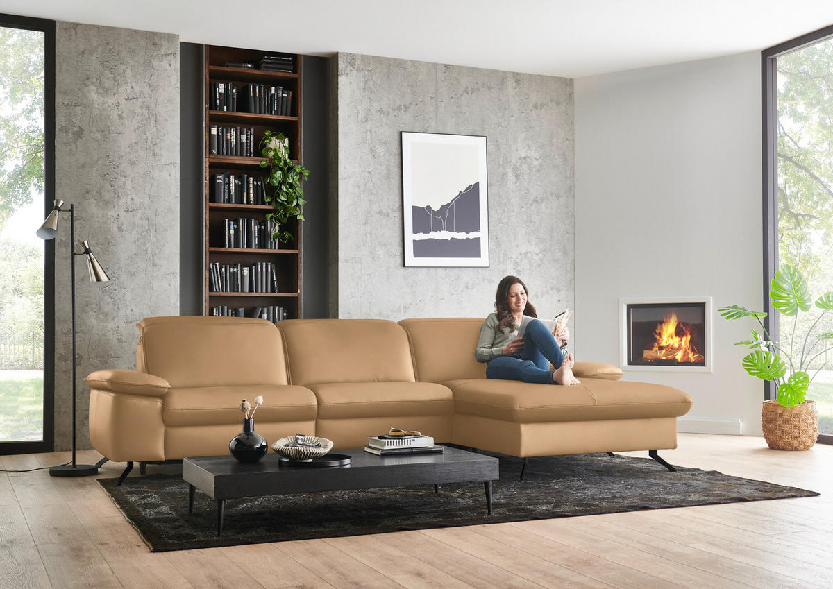 ECKSOFA  Echtleder Honig  - Schwarz/Honig, Design, Leder/Metall (307/169cm) - Beldomo Premium