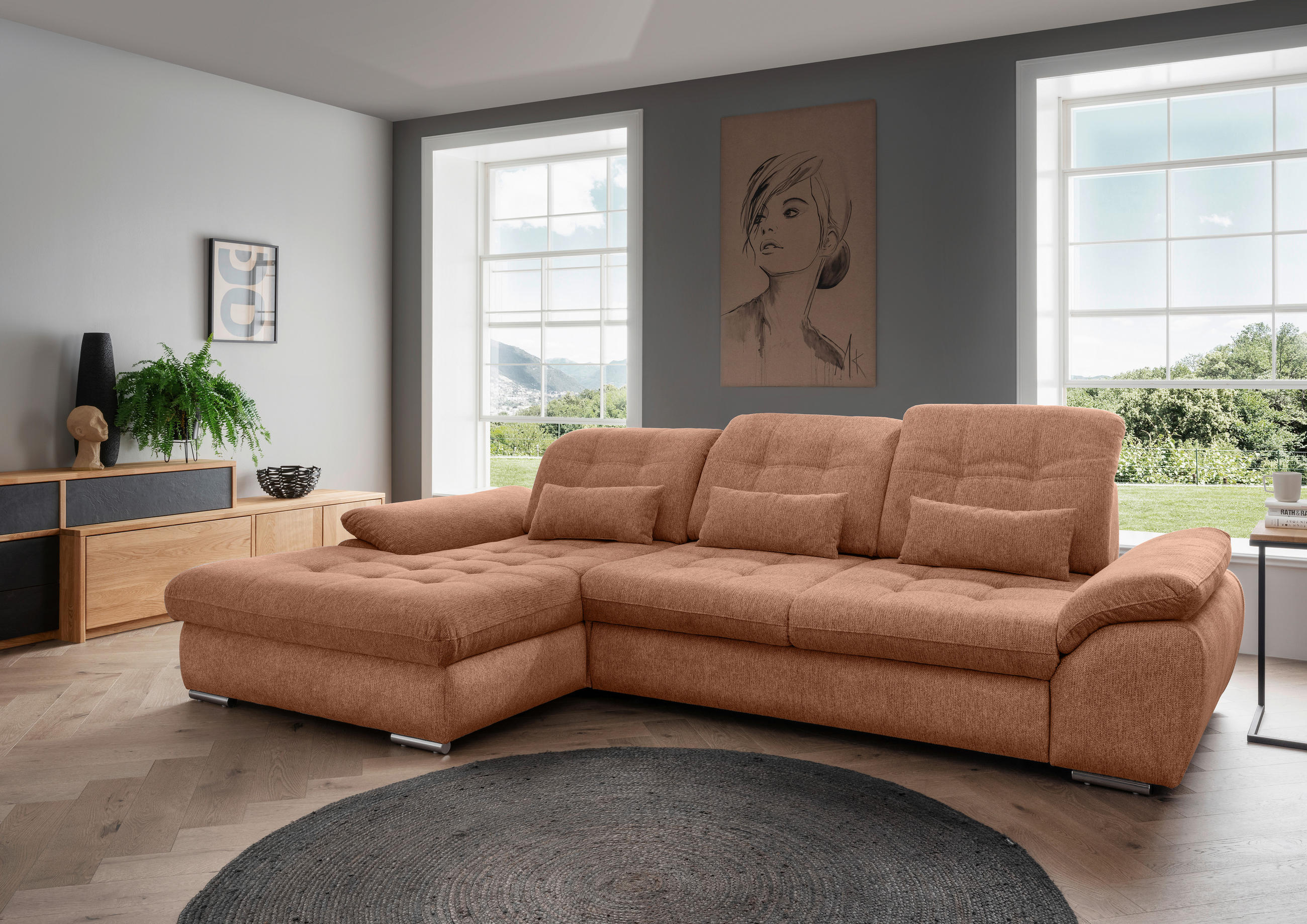 ECKSOFA Koralle Chenille  - Chromfarben/Koralle, MODERN, Textil/Metall (184/314cm) - Livetastic