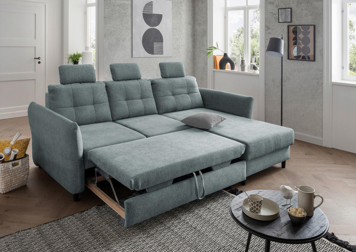 ECKSOFA in Chenille Blau  - Mintgrau/Blau, MODERN, Holz/Textil (250-280/176cm) - Livetastic